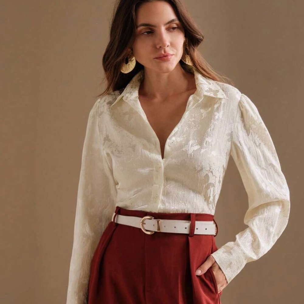 Anewsta Apricot Stand Collar Minimalist Jacquard Butterfly Print blouse